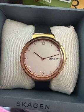 Skagen Rose Gold Case White Dial Black Strap Minimalist Women's Watch